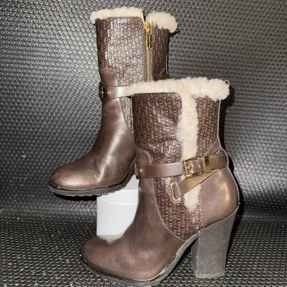 Michael Kors Lizzie Brown Leather Sherpa Block Heel Bootie Women’s Size 5.5